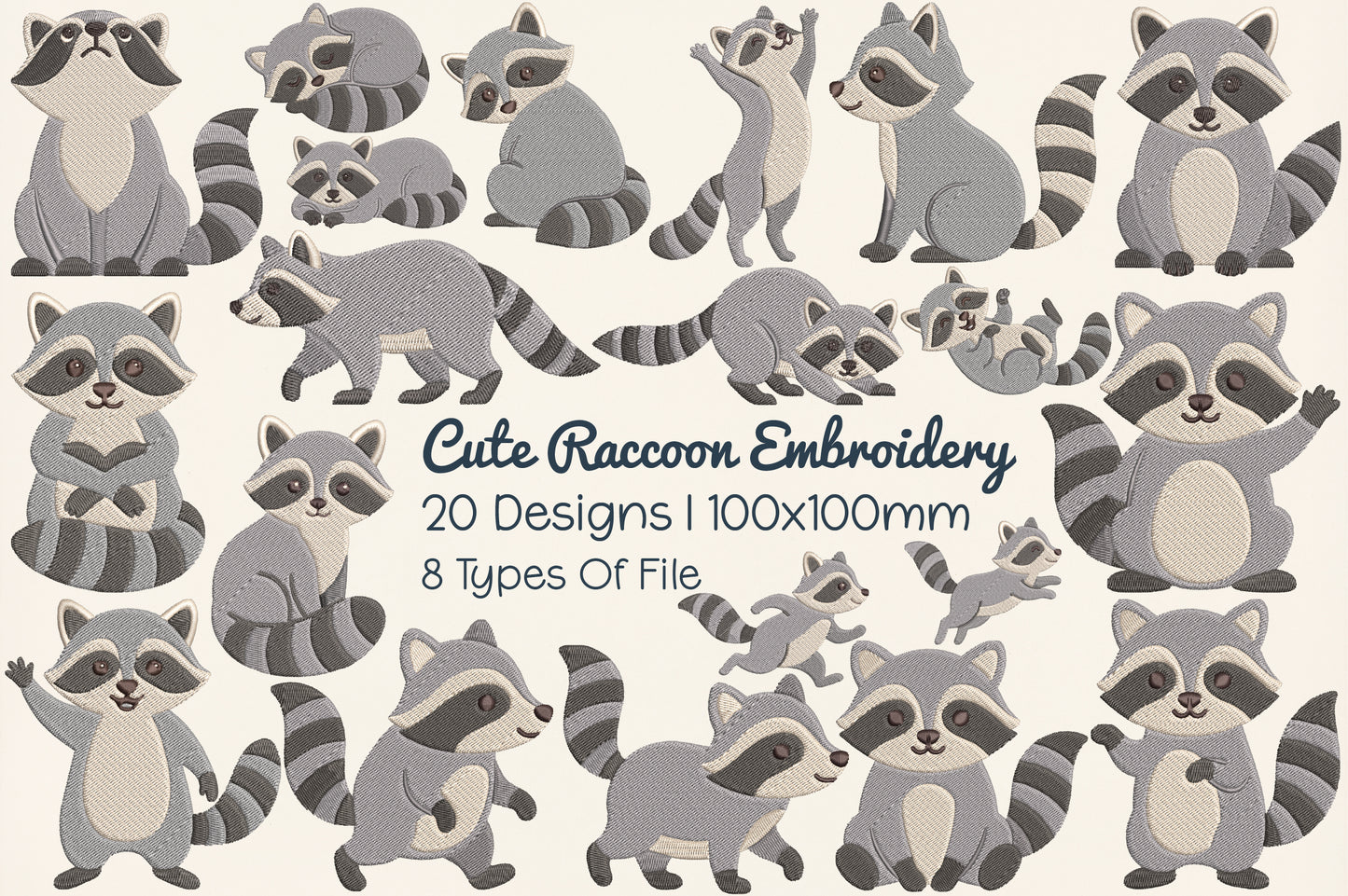 Cute Raccoon Embroidery Design Bundle – Adorable Woodland Raccoon Machine Embroidery Patterns, Forest Animal Embroidery