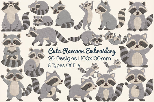 Cute Raccoon Embroidery Design Bundle – Adorable Woodland Raccoon Machine Embroidery Patterns, Forest Animal Embroidery