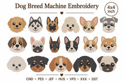 Dog Breed Machine Embroidery Design – Cute Dog Breed Embroidery Pattern, Pet Dog Machine Embroidery Design