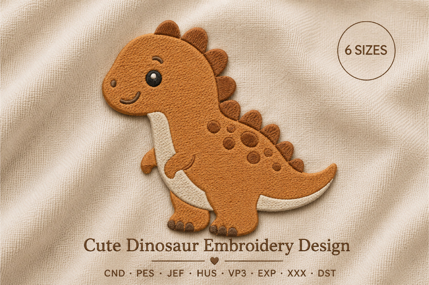 Cute Dinosaur Embroidery Design – Adorable Dinosaur Machine Embroidery Pattern, Fun Prehistoric Animal Embroidery Design