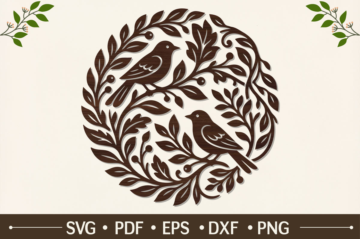 Two Birds Leaf Wreath Laser Cut SVG