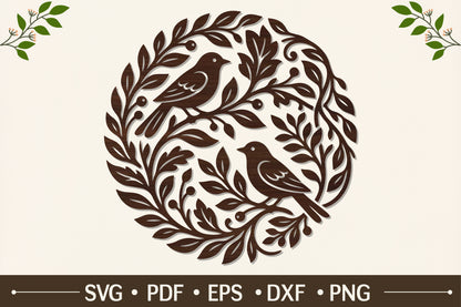 Two Birds Leaf Wreath Laser Cut SVG