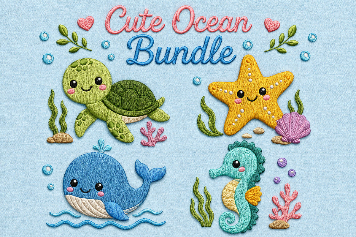 Cute Ocean Embroidery Bundle – Adorable Sea Life Machine Embroidery Designs, Whale, Turtle, Seahorse, Starfish & Ocean Animal Embroidery