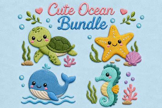 Cute Ocean Embroidery Bundle – Adorable Sea Life Machine Embroidery Designs, Whale, Turtle, Seahorse, Starfish & Ocean Animal Embroidery