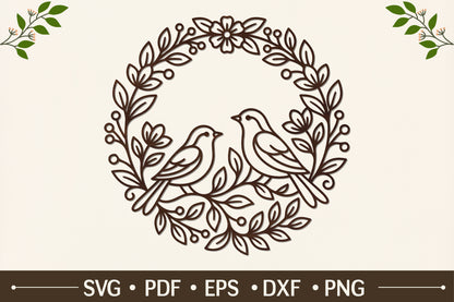 Love Birds Floral Wreath Laser Cut SVG