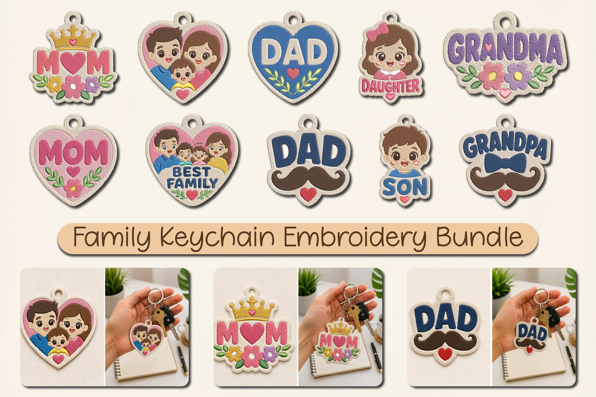 Family Keychain Embroidery Bundle – Cute Family Love Machine Embroidery Designs