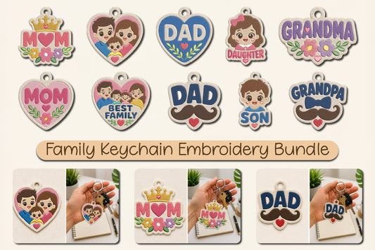Family Keychain Embroidery Bundle – Cute Family Love Machine Embroidery Designs