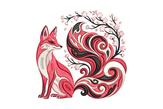 Cherry Blossom Fox Embroidery Design – Cute Woodland Fox & Sakura Floral Machine Embroidery