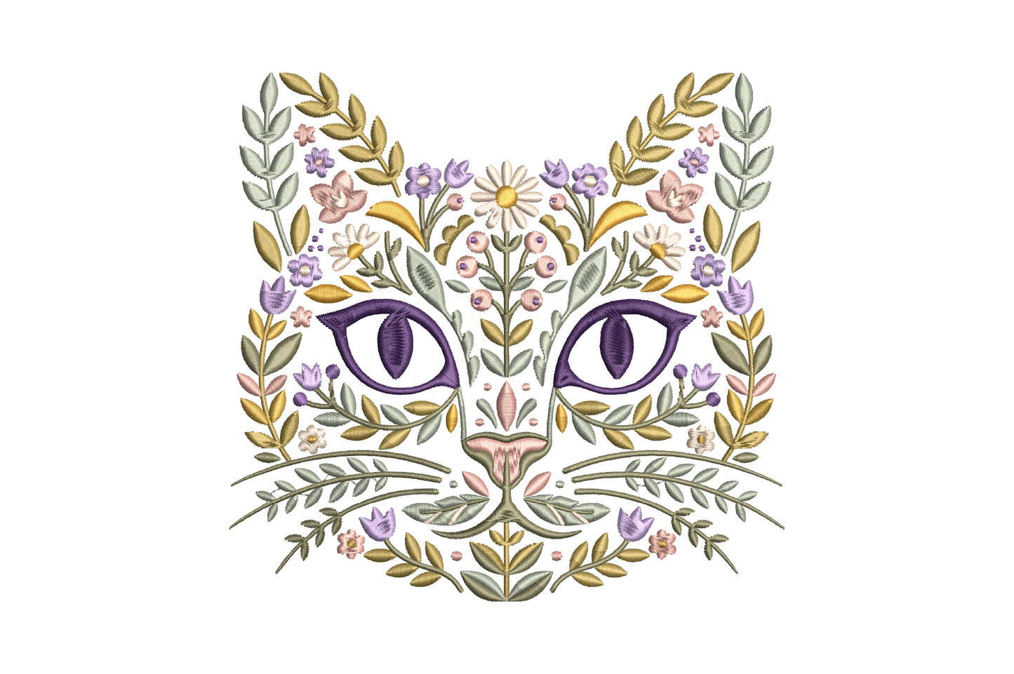 Floral Cat Face Embroidery Design – Cute Cat Face & Flower Machine Embroidery Pattern, Botanical Kitty Embroidery Design