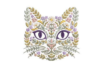 Floral Cat Face Embroidery Design – Cute Cat Face & Flower Machine Embroidery Pattern, Botanical Kitty Embroidery Design