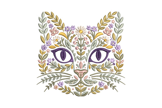 Floral Cat Face Embroidery Design – Cute Cat Face & Flower Machine Embroidery Pattern, Botanical Kitty Embroidery Design