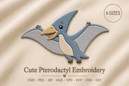 Cute Pterodactyl Embroidery Design – Adorable Flying Dinosaur Machine Embroidery Pattern, Prehistoric Dino Embroidery Design