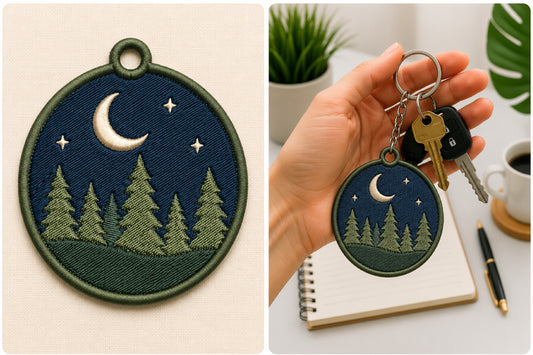 Moonlight Keychain Embroidery Design – Elegant Moon & Night Sky Machine Embroidery Pattern, Celestial Key Fob & Bag Charm Embroidery Design