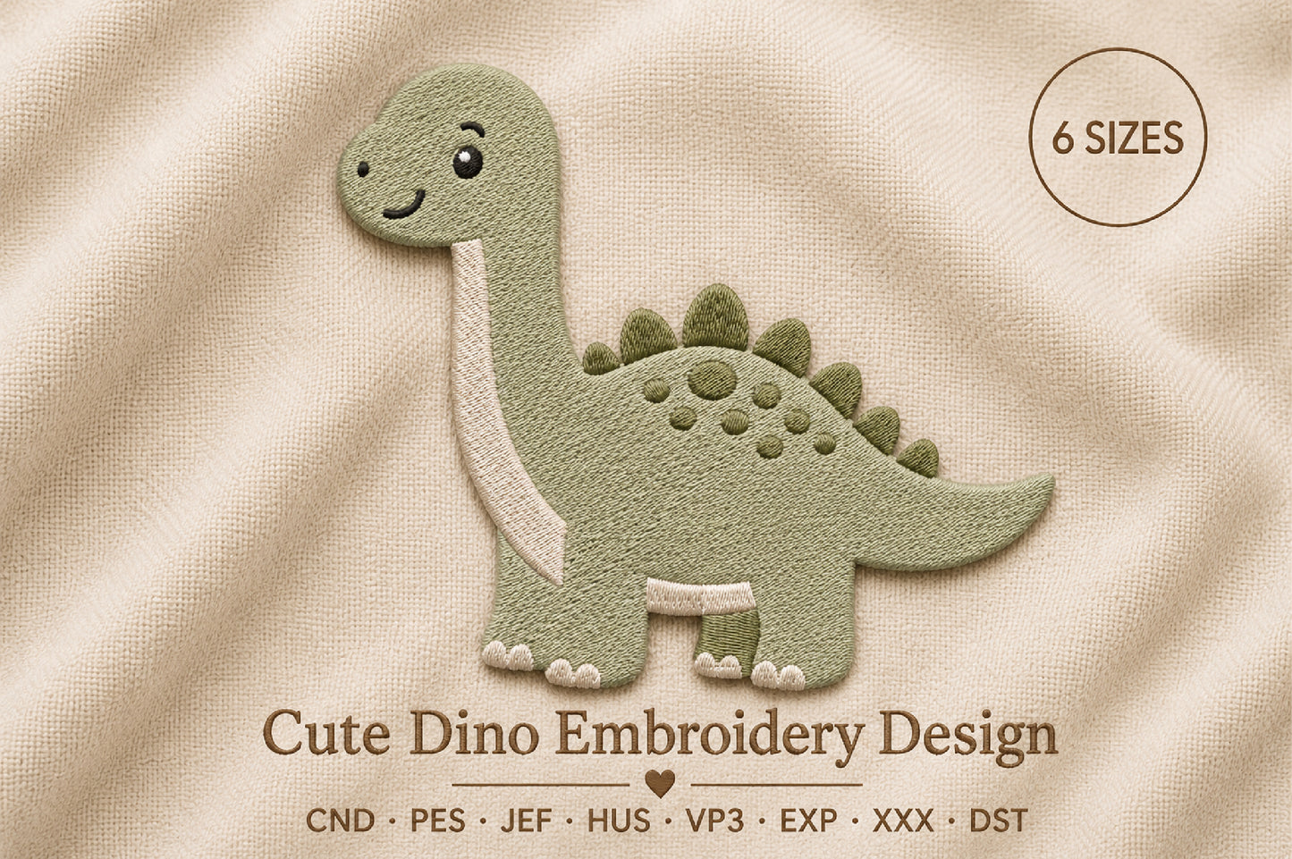 Cute Dino Embroidery Design – Adorable Dinosaur Machine Embroidery Pattern, Fun Prehistoric Animal Embroidery Design