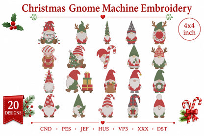 Christmas Gnome Machine Embroidery Design – Cute Holiday Gnome Embroidery Pattern, Festive Christmas Machine Embroidery Design