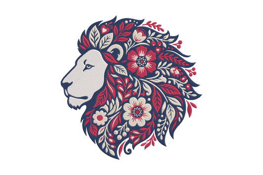 Floral Lion Embroidery Design – Majestic Lion & Botanical Flower Machine Embroidery Pattern, Wild Animal Floral Embroidery Design