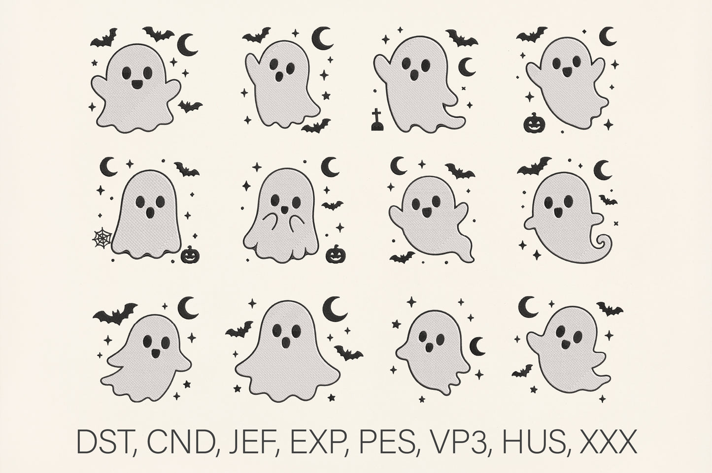 Kawaii Ghost Embroidery Bundle – Cute Halloween Ghost Machine Embroidery Designs, Adorable Spooky Embroidery
