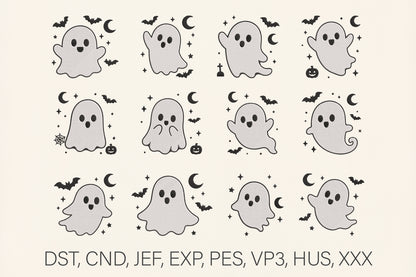 Kawaii Ghost Embroidery Bundle – Cute Halloween Ghost Machine Embroidery Designs, Adorable Spooky Embroidery