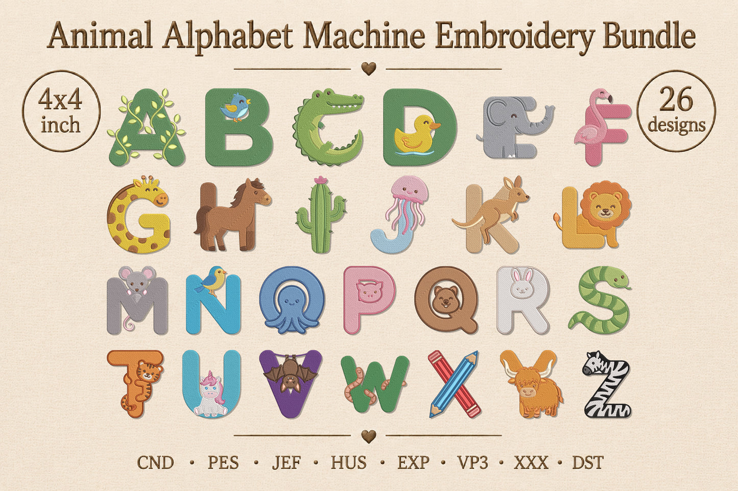 Animal Alphabet Machine Embroidery Design – Cute Animal ABC Embroidery Pattern, Adorable Alphabet Machine Embroidery Designs