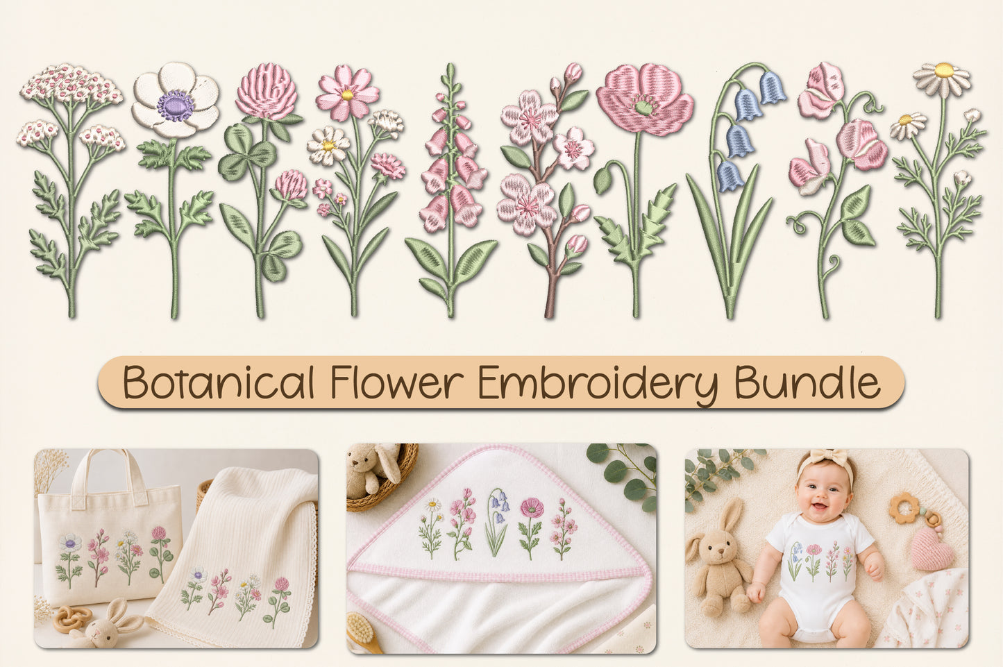 Botanical Flower Embroidery Bundle – Beautiful Floral & Botanical Machine Embroidery Designs, Nature-Inspired Flower Embroidery