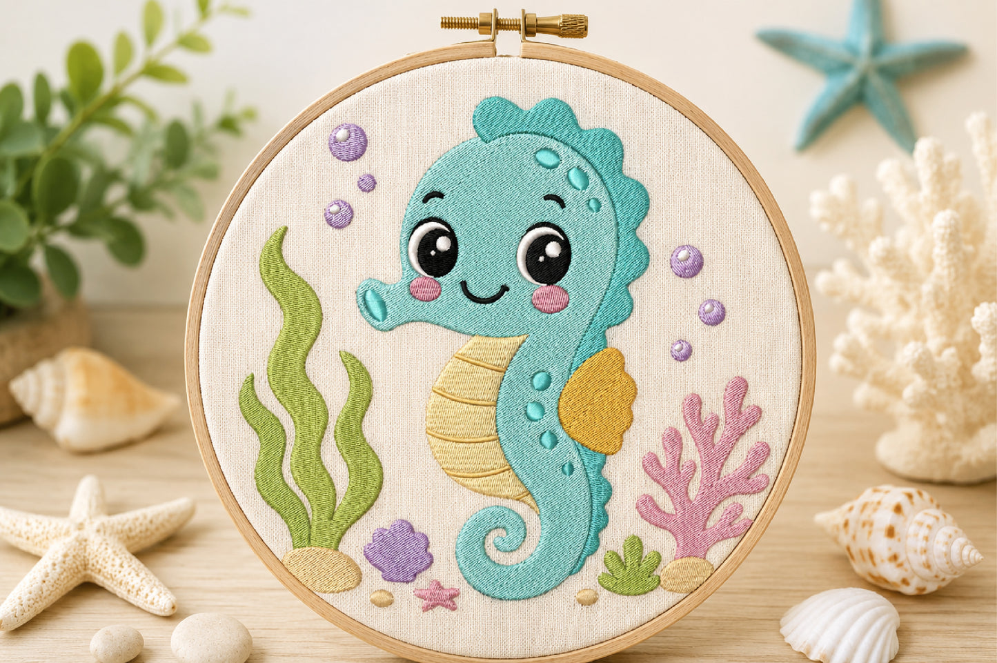 Cute Seahorse Embroidery Design – Adorable Ocean Seahorse Machine Embroidery Pattern, Sea Life Embroidery Design