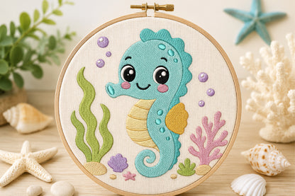 Cute Seahorse Embroidery Design – Adorable Ocean Seahorse Machine Embroidery Pattern, Sea Life Embroidery Design