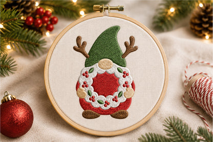Christmas Gnome Machine Embroidery Design – Cute Holiday Gnome Embroidery Pattern, Festive Christmas Machine Embroidery Design