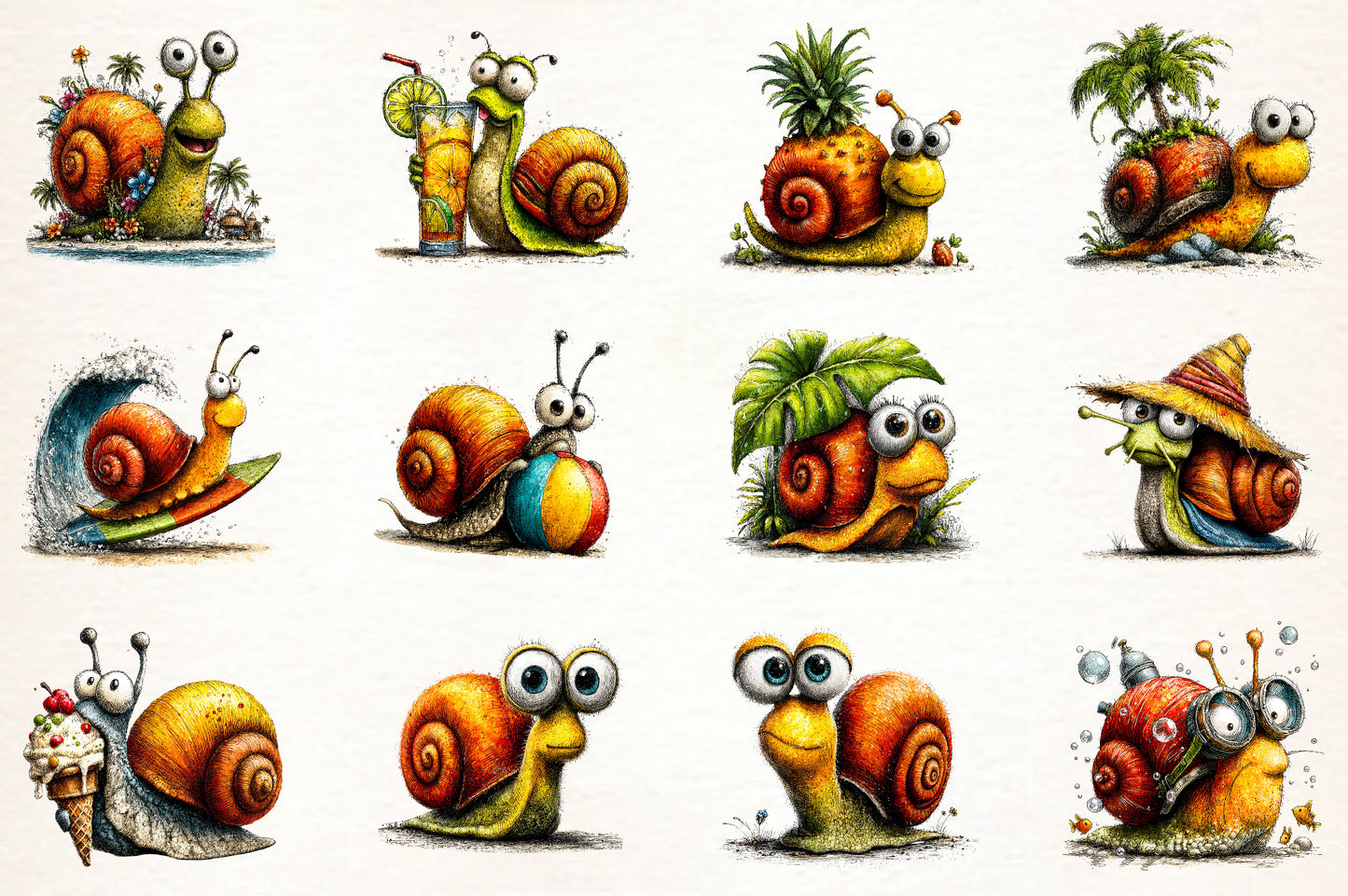 Whimsical Summer Snail PNG Bundle | Cute Snail Clipart, Tropical Flowers, Palm Trees & Summer Garden Graphics