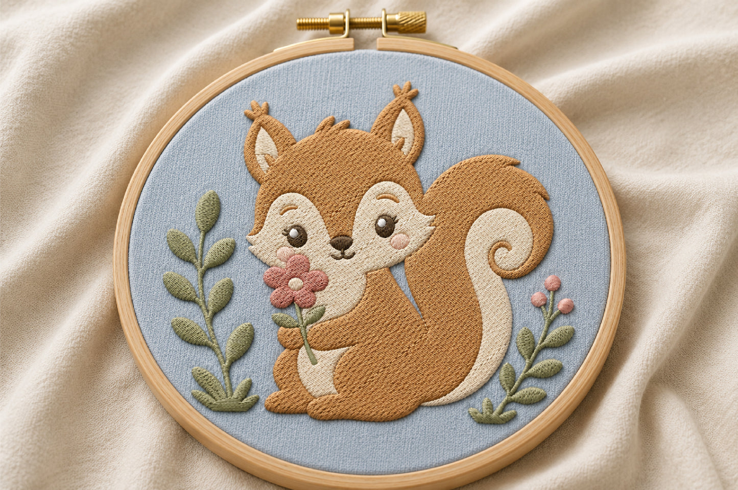 Baby Squirrel Embroidery Design – Cute Woodland Squirrel Machine Embroidery Pattern, Adorable Forest Animal Embroidery Design