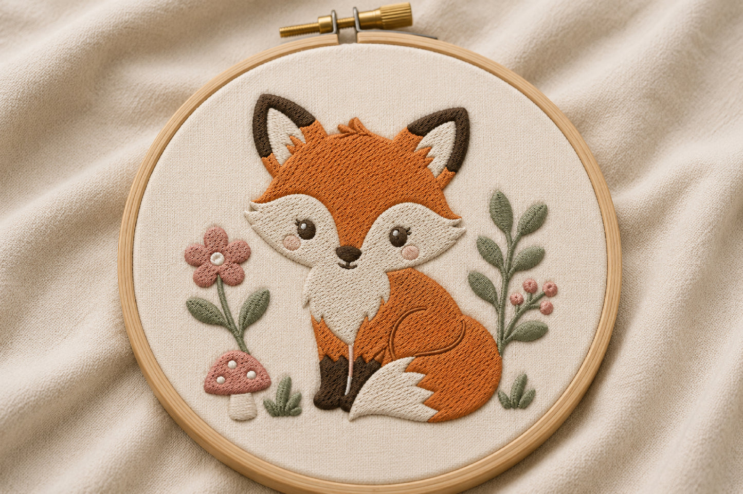 Cute Fox Embroidery Design – Adorable Woodland Fox Machine Embroidery Pattern, Sweet Forest Animal Embroidery Design