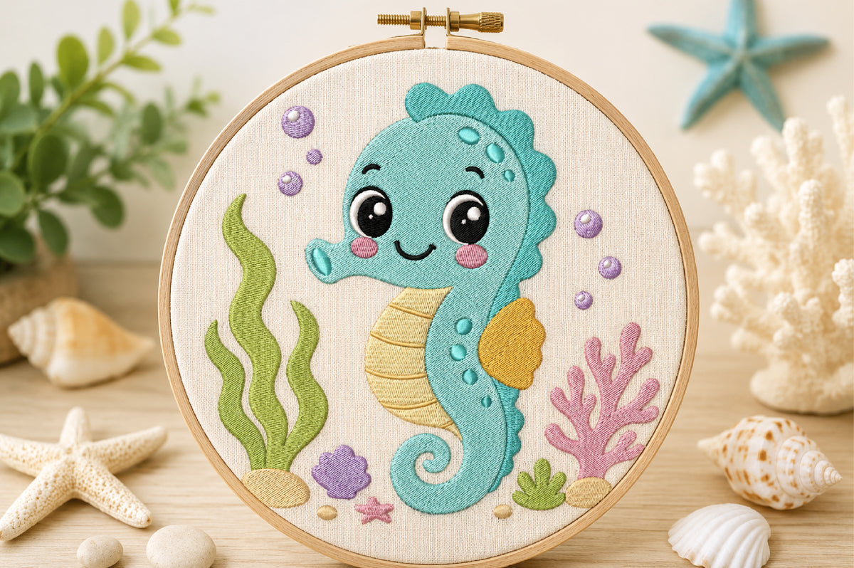Cute Ocean Embroidery Bundle – Adorable Sea Life Machine Embroidery Designs, Whale, Turtle, Seahorse, Starfish & Ocean Animal Embroidery