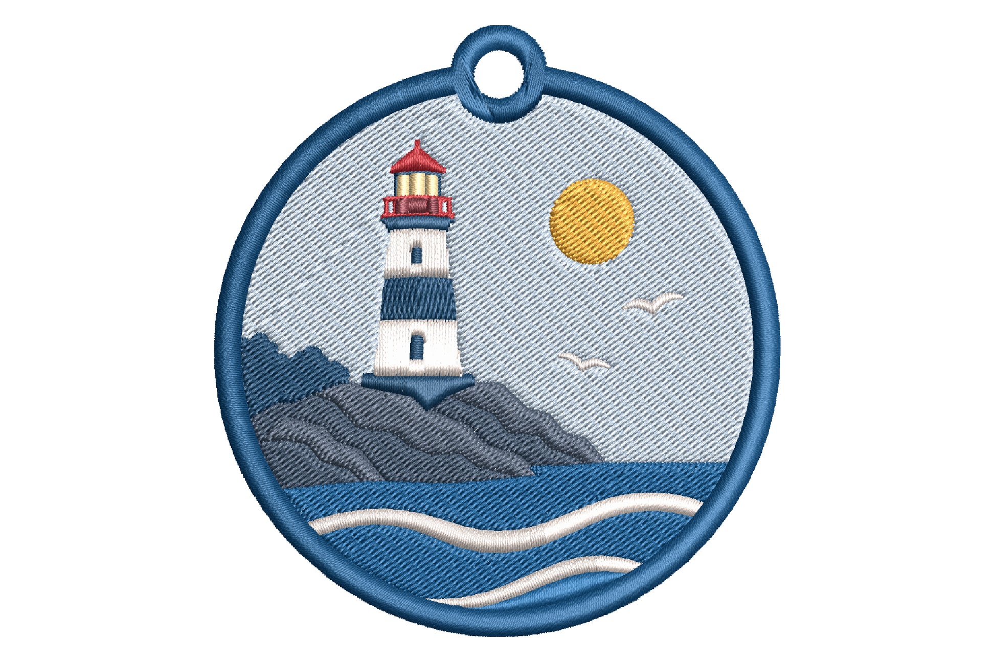 Lighthouse Keychain Embroidery Design – Nautical Lighthouse Machine Embroidery Pattern, Coastal Lighthouse Key Fob & Bag Charm Embroidery Design