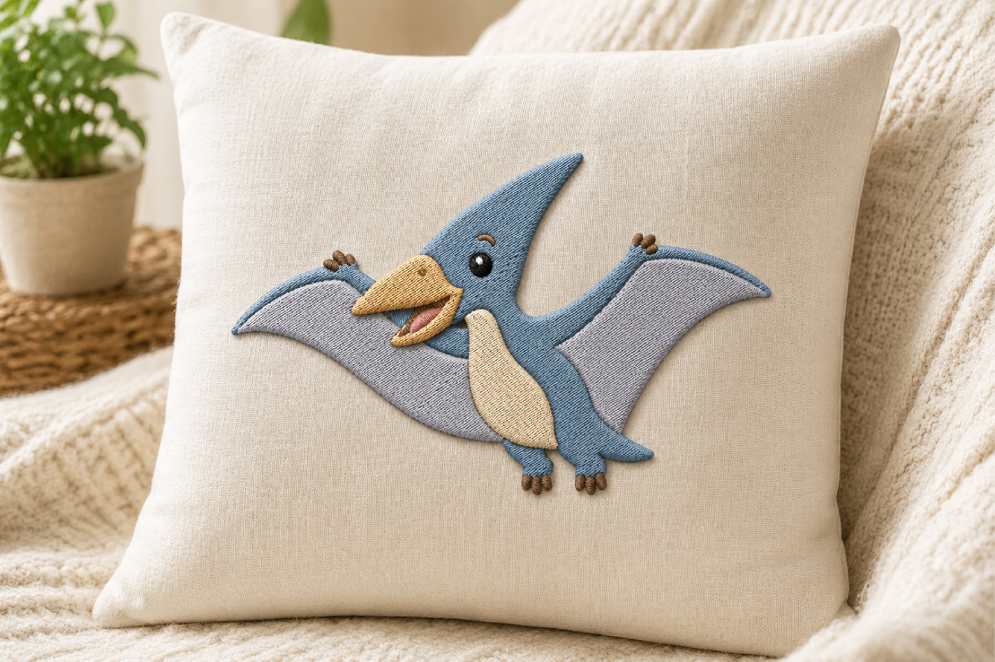Cute Pterodactyl Embroidery Design – Adorable Flying Dinosaur Machine Embroidery Pattern, Prehistoric Dino Embroidery Design