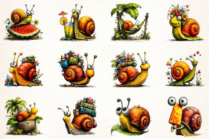 Whimsical Summer Snail PNG Bundle | Cute Snail Clipart, Tropical Flowers, Palm Trees & Summer Garden Graphics