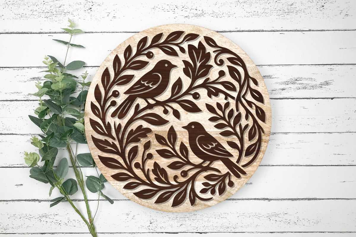 Two Birds Leaf Wreath Laser Cut SVG
