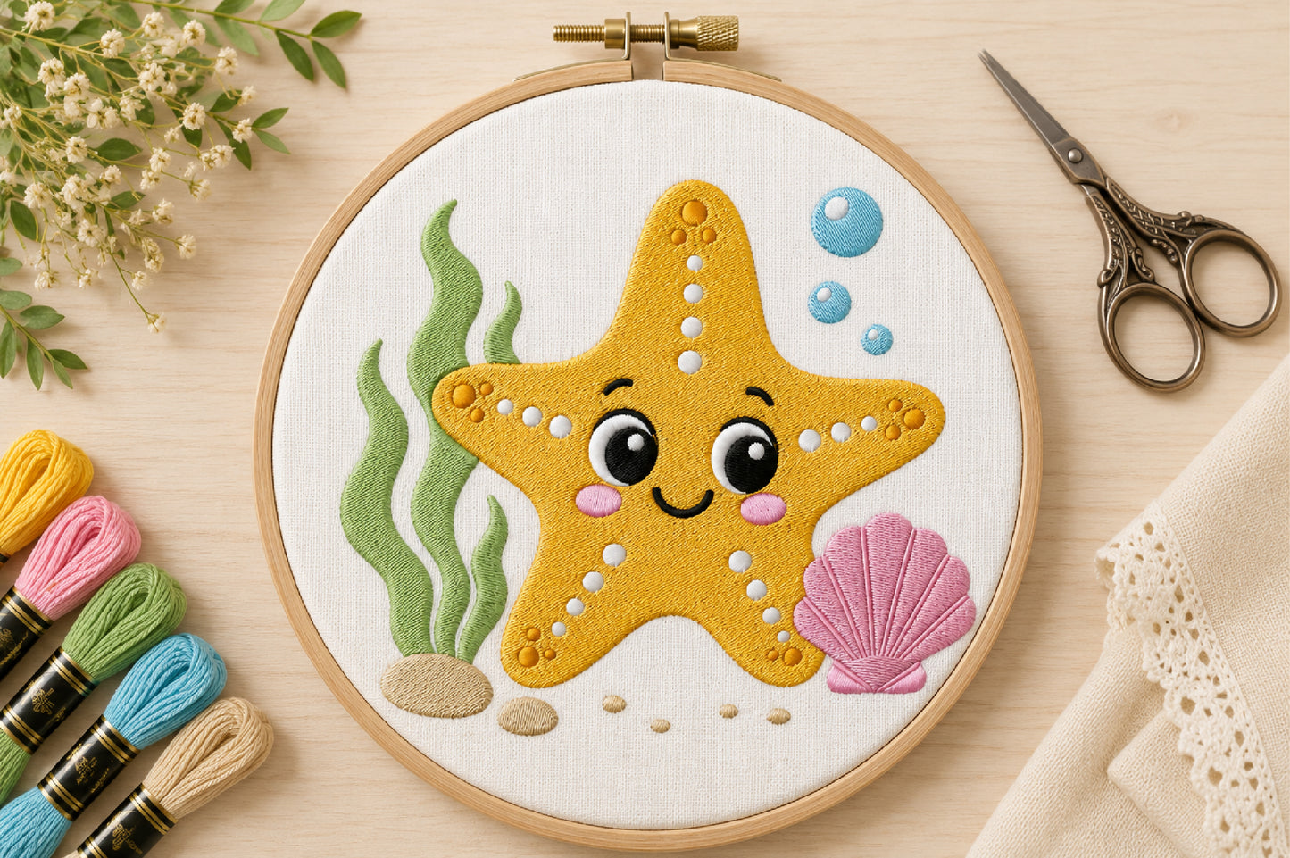 Cute Starfish Embroidery Design – Adorable Sea Star Machine Embroidery Pattern, Ocean & Beach-Themed Embroidery Design