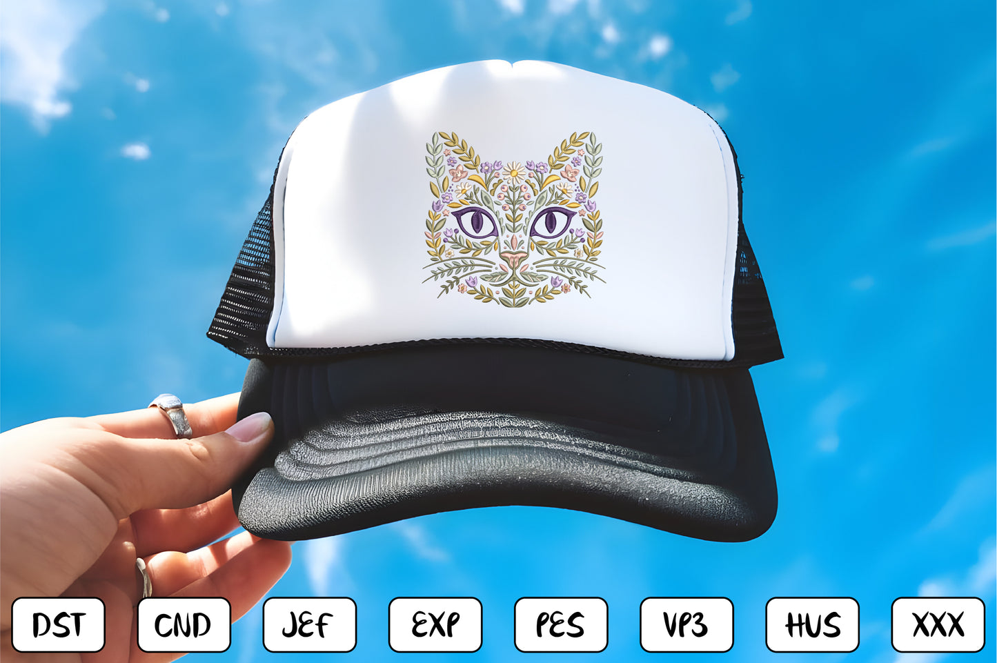 Floral Cat Face Embroidery Design – Cute Cat Face & Flower Machine Embroidery Pattern, Botanical Kitty Embroidery Design