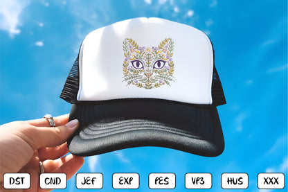 Floral Cat Face Embroidery Design – Cute Cat Face & Flower Machine Embroidery Pattern, Botanical Kitty Embroidery Design