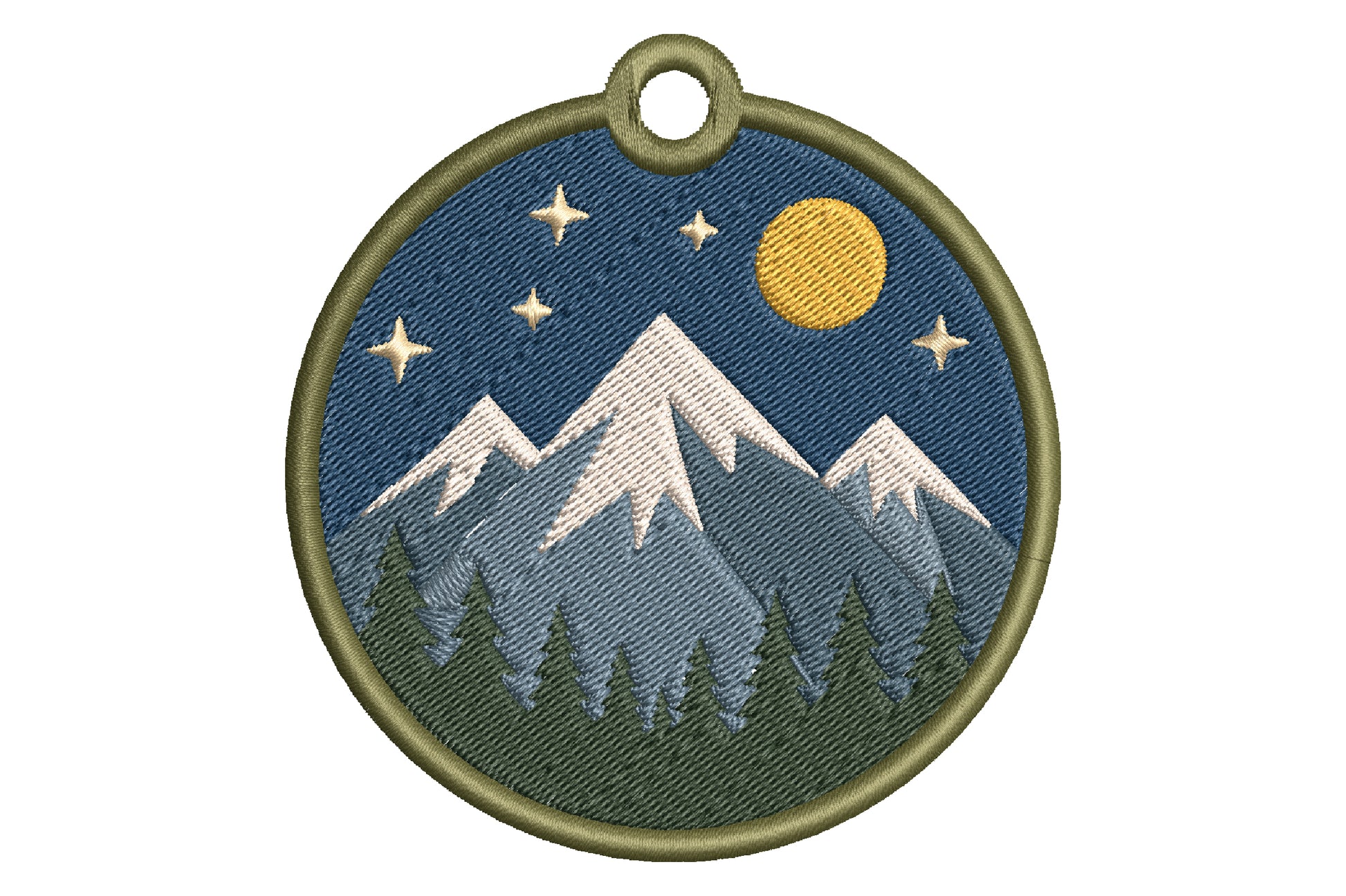 Mountain Keychain Embroidery Design – Scenic Mountain Machine Embroidery Pattern, Outdoor Adventure Key Fob & Bag Charm Embroidery Design