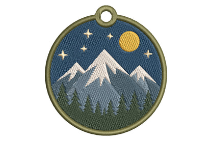 Mountain Keychain Embroidery Design – Scenic Mountain Machine Embroidery Pattern, Outdoor Adventure Key Fob & Bag Charm Embroidery Design