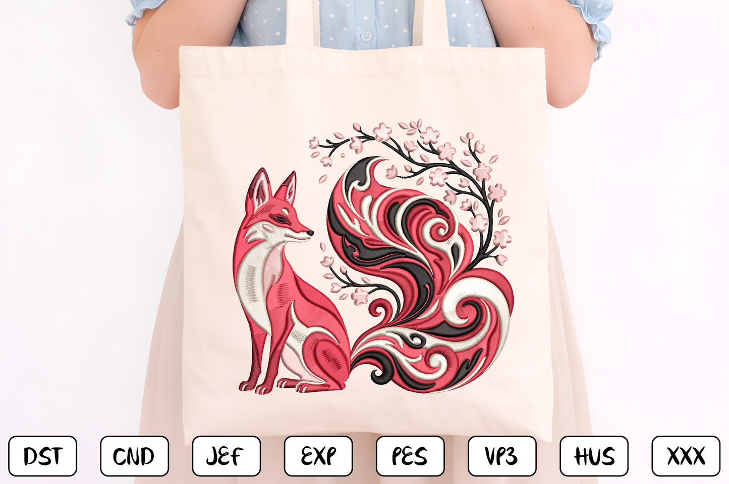 Cherry Blossom Fox Embroidery Design – Cute Woodland Fox & Sakura Floral Machine Embroidery