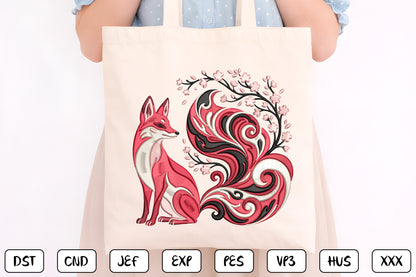 Cherry Blossom Fox Embroidery Design – Cute Woodland Fox & Sakura Floral Machine Embroidery