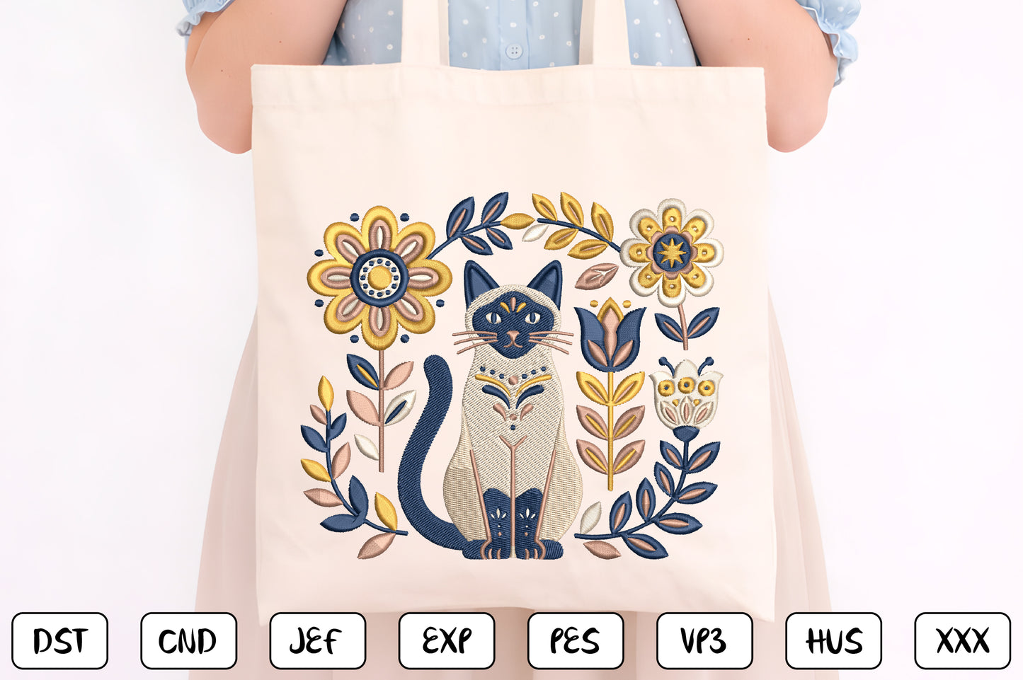 Boho Cat Floral Embroidery Design – Cute Bohemian Cat & Flower Machine Embroidery Pattern, Botanical Kitty Embroidery Design