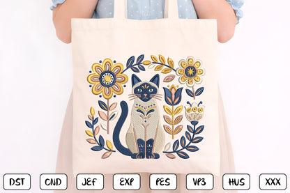 Boho Cat Floral Embroidery Design – Cute Bohemian Cat & Flower Machine Embroidery Pattern, Botanical Kitty Embroidery Design