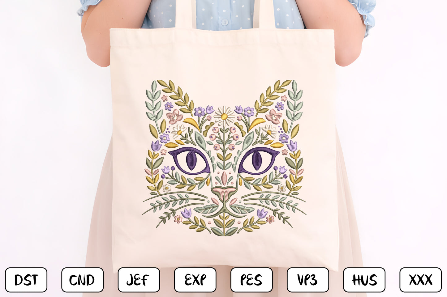 Floral Cat Face Embroidery Design – Cute Cat Face & Flower Machine Embroidery Pattern, Botanical Kitty Embroidery Design