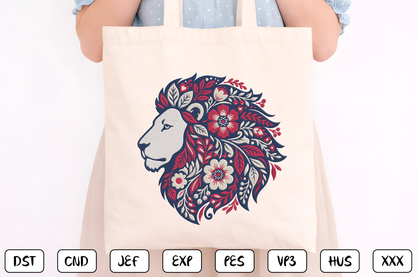 Floral Lion Embroidery Design – Majestic Lion & Botanical Flower Machine Embroidery Pattern, Wild Animal Floral Embroidery Design