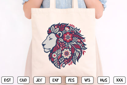 Floral Lion Embroidery Design – Majestic Lion & Botanical Flower Machine Embroidery Pattern, Wild Animal Floral Embroidery Design