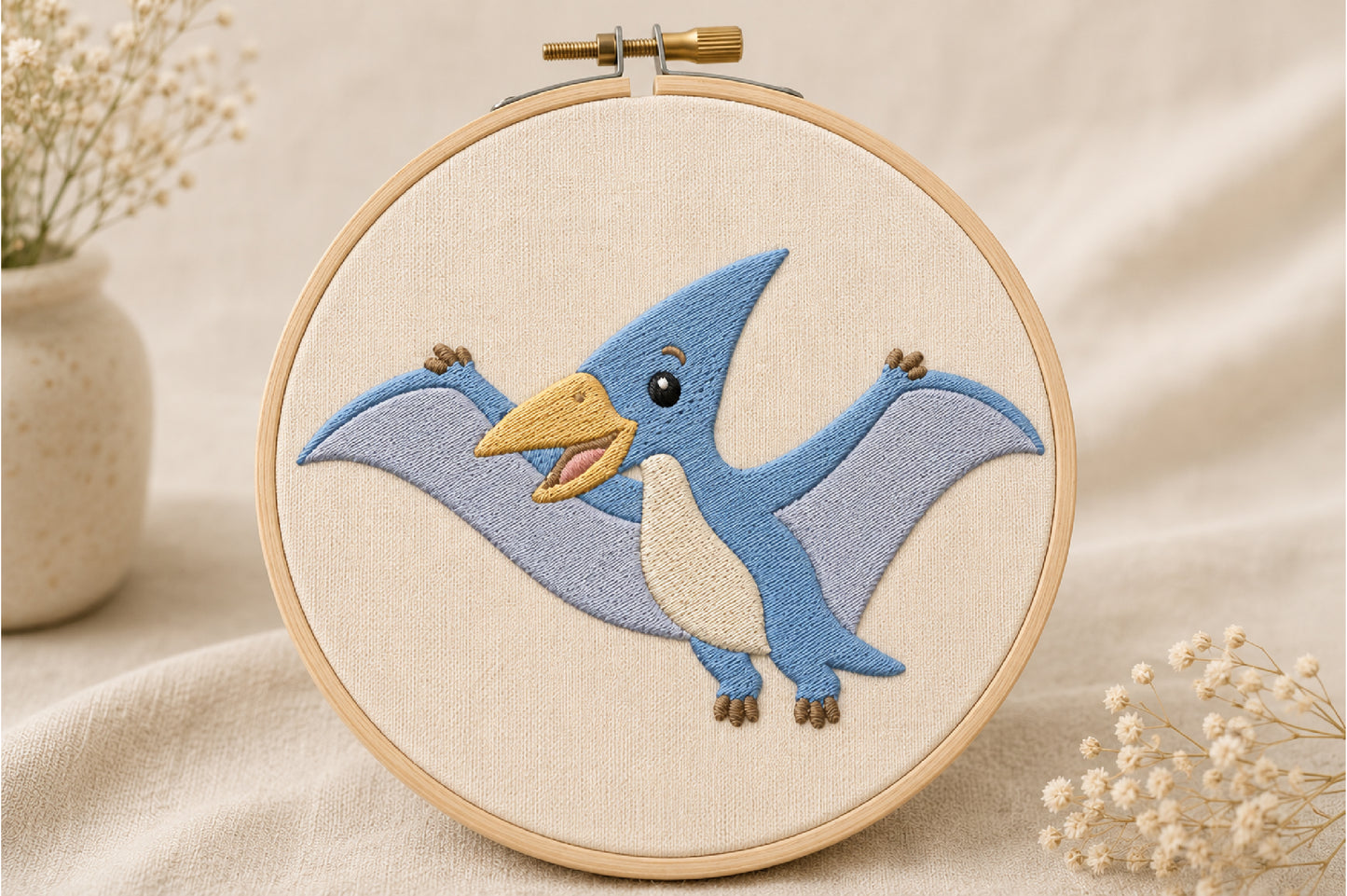 Cute Pterodactyl Embroidery Design – Adorable Flying Dinosaur Machine Embroidery Pattern, Prehistoric Dino Embroidery Design