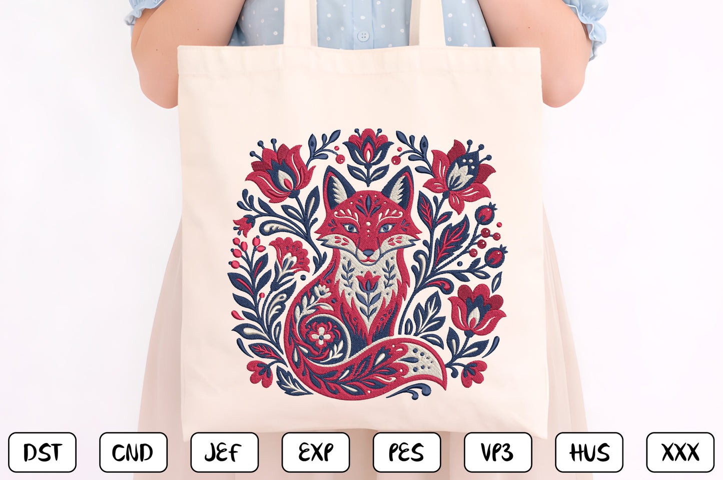 Floral Fox Embroidery Design – Cute Fox & Botanical Flower Machine Embroidery Pattern, Woodland Animal Embroidery Design