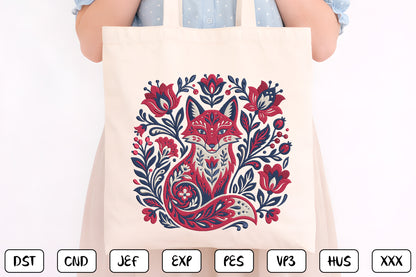 Floral Fox Embroidery Design – Cute Fox & Botanical Flower Machine Embroidery Pattern, Woodland Animal Embroidery Design